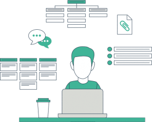 Basic Cloud Basic Cloud - Person sitzt vor einem Notebook umgeben von verschiedenen Icons (Projektstrukturbaum, Kanban Board, Aufgabenliste u.a.)