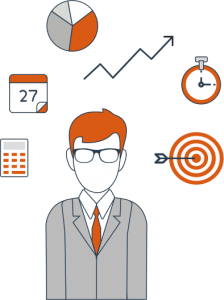 Professional Cloud Professional Cloud - Geschäftsmann im Anzug umgeben von Controlling-Icons