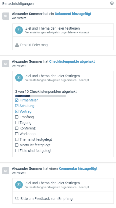 factro Benachrichtigungen über Dokumente Checklistenpunkte und Kommentare
