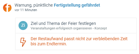 factro Benachrichtigung Warnung über gefährdete Fertigstellung einer Aufgabe