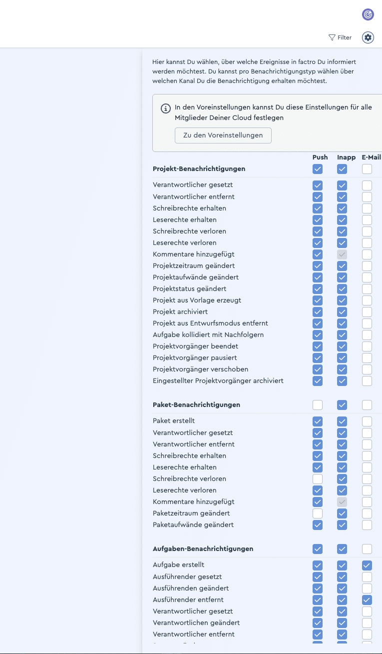 Die Einstellungen der Benachrichtigungen in factro
