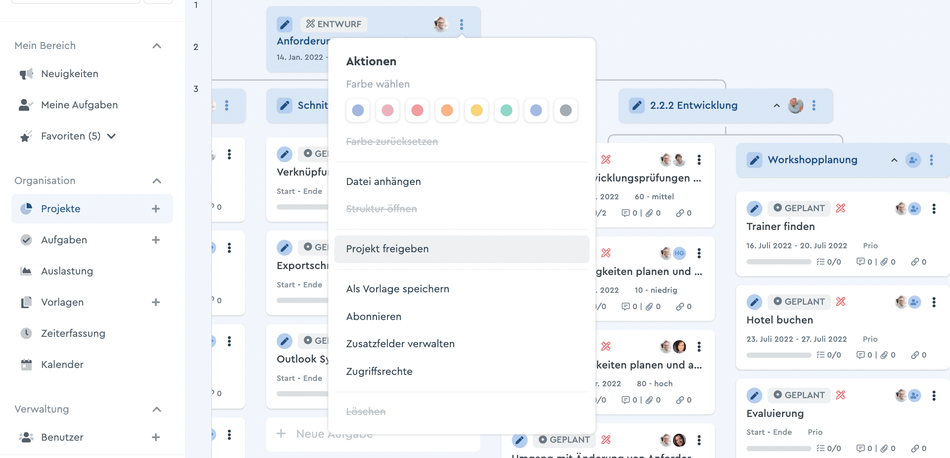 Ein Projekt im Entwurfmodus wird freigegeben.