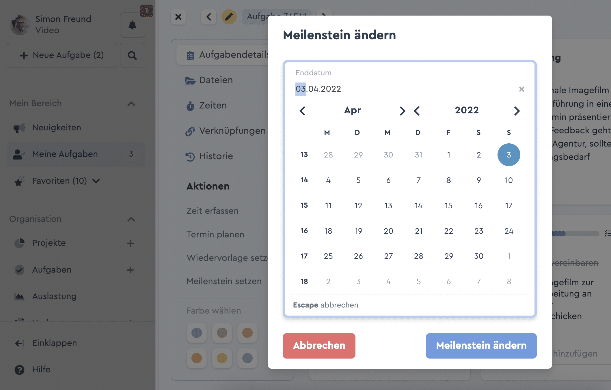 Schnellzugriff zum Meilenstein setzen