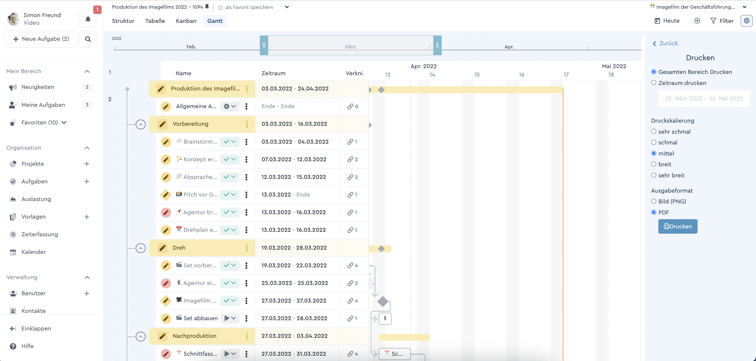Druckfunktion im Gantt-Chart