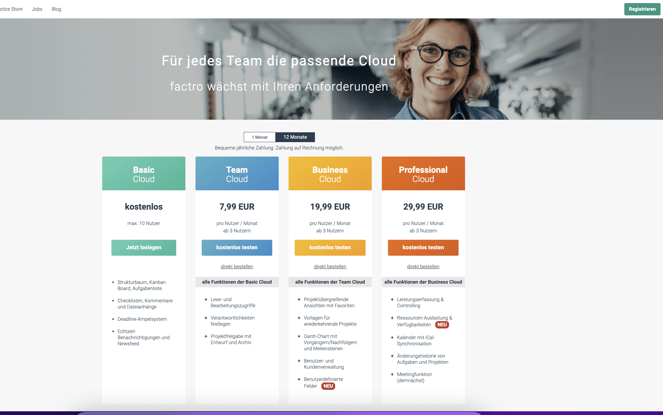Preise auf der factro Website