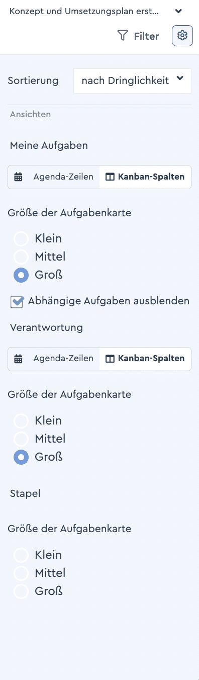 Einstellungsrad im Kanban Board