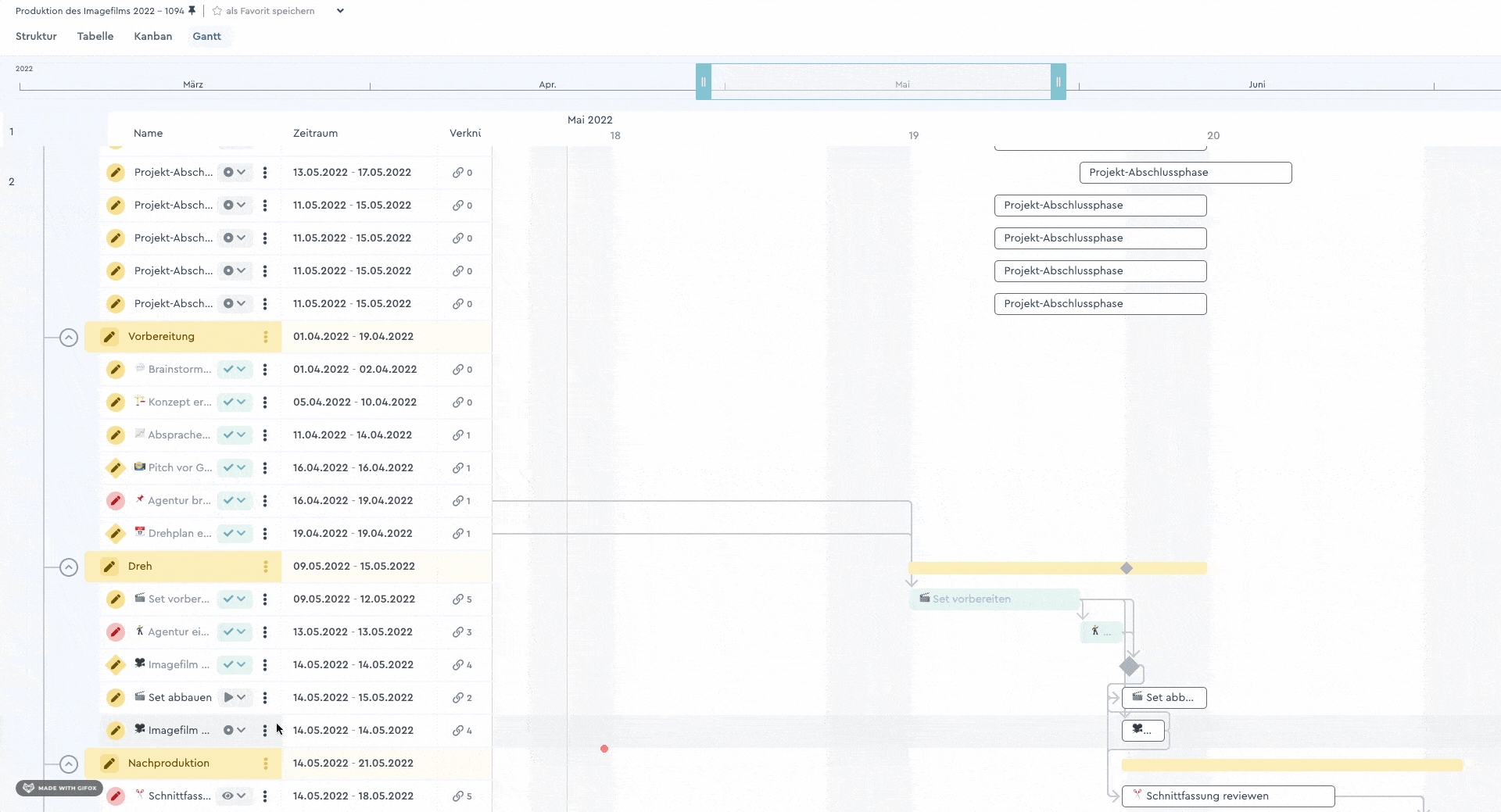Ein Meilenstein wird im Gantt Chart gesetzt