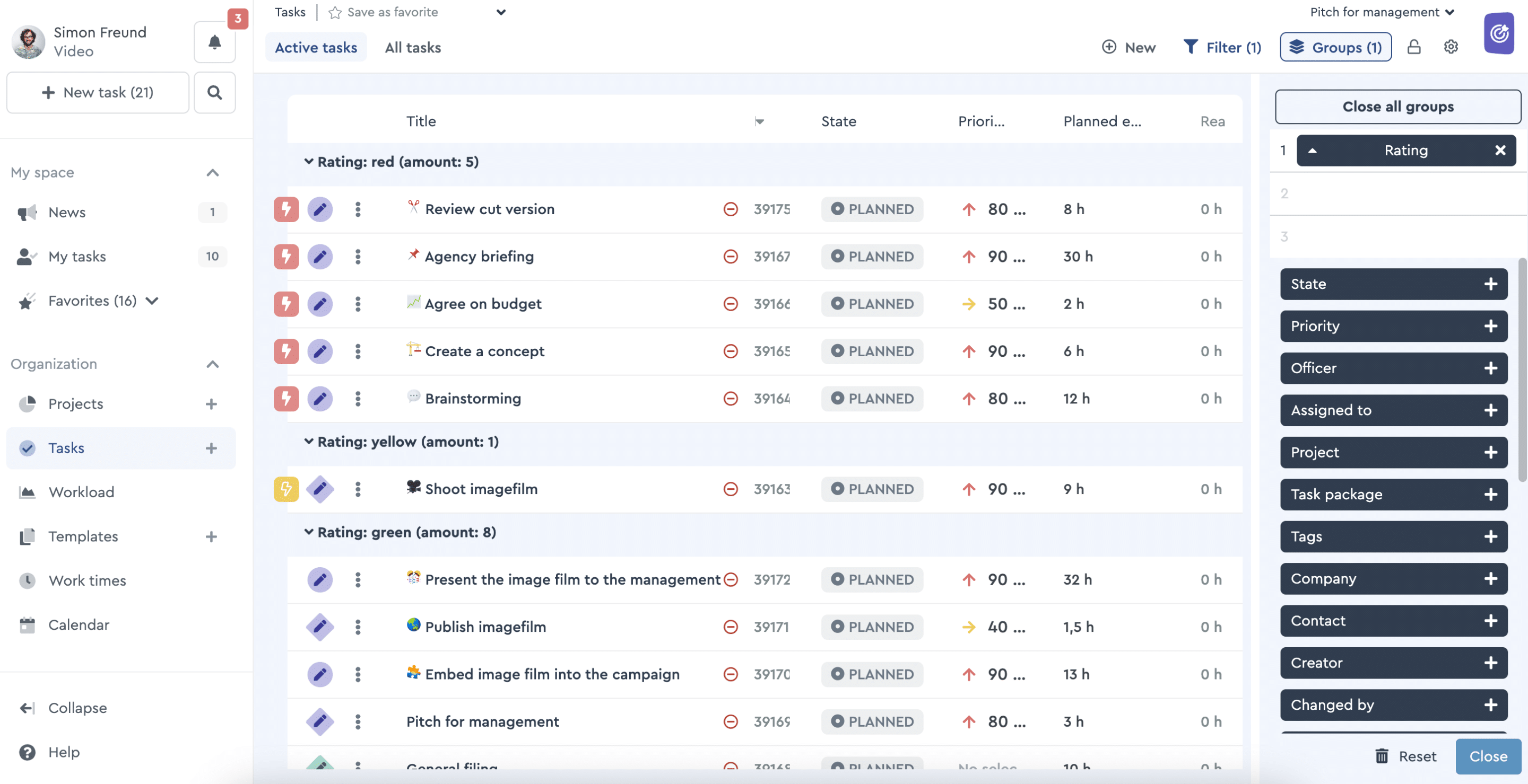 The factro traffic light system in the cross-project task list