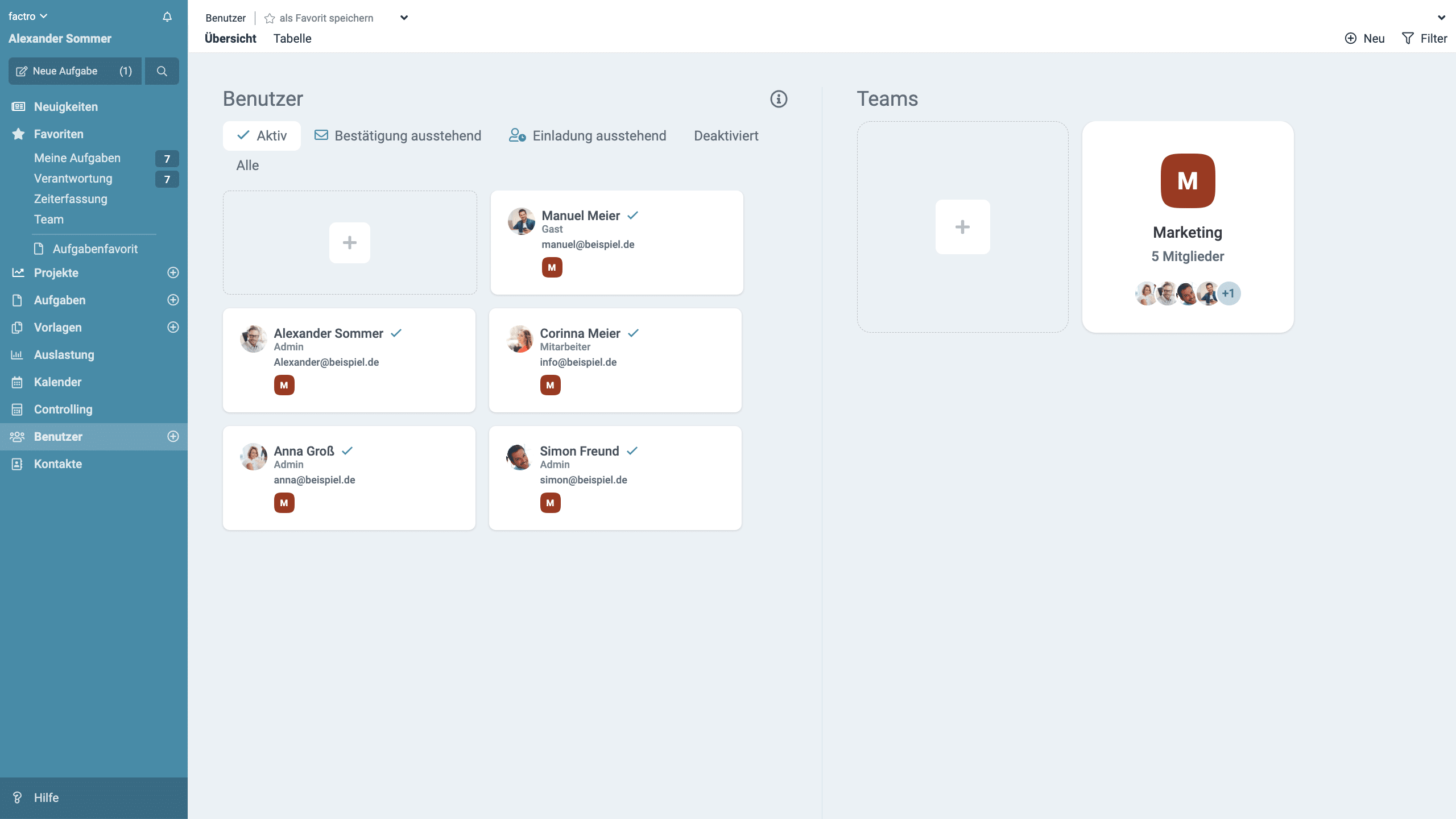Ein Screenshot des factro Benutzerbereichs