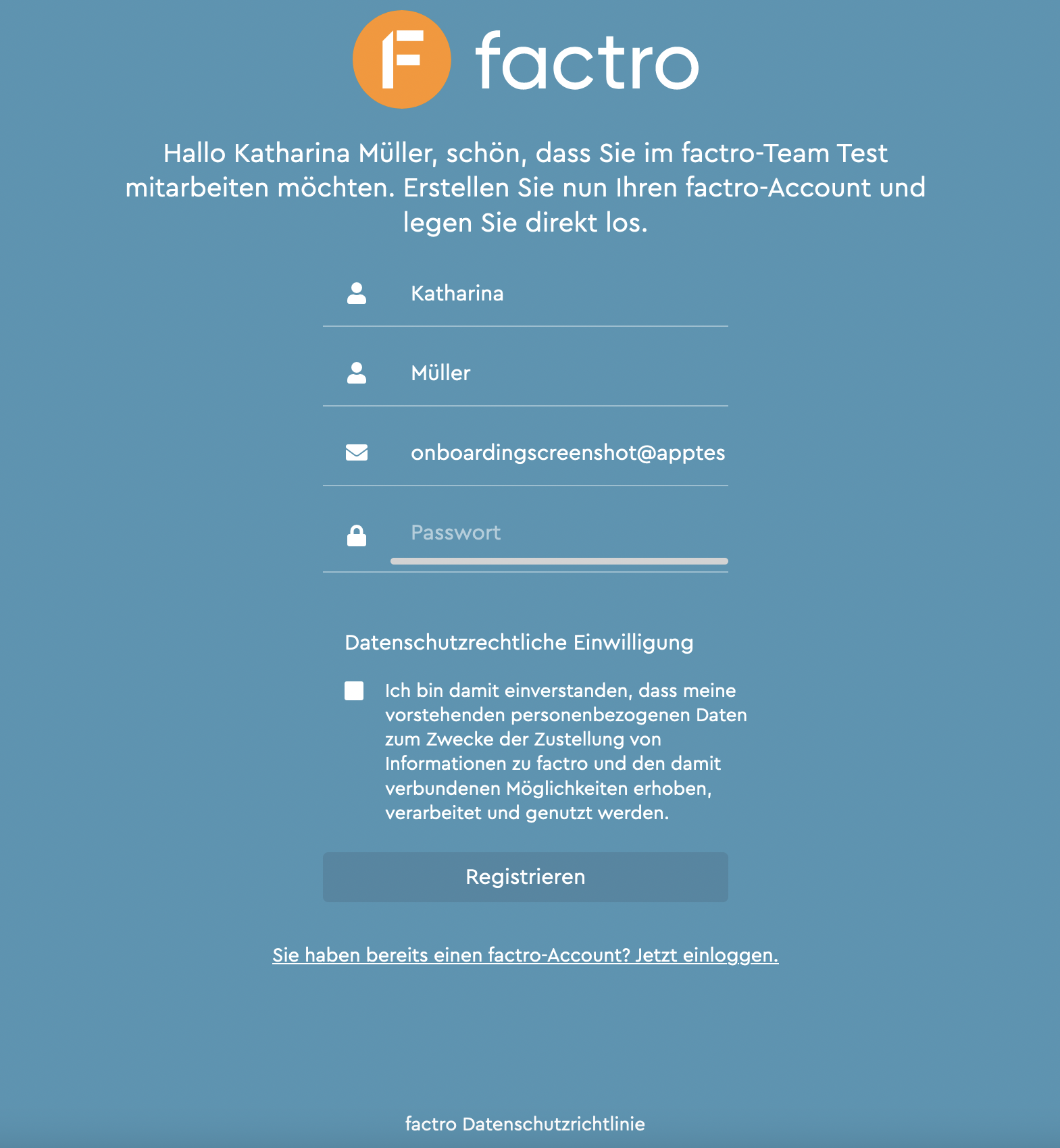 Ein Screenshot des factro Onboardings