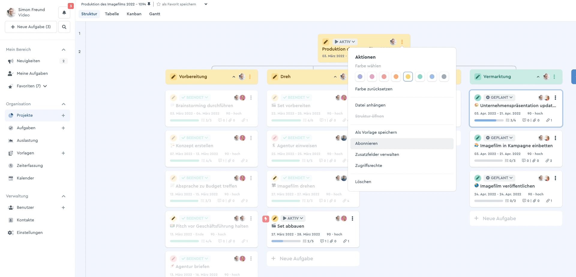 Ein Projekt kann über das Menü archiviert werden