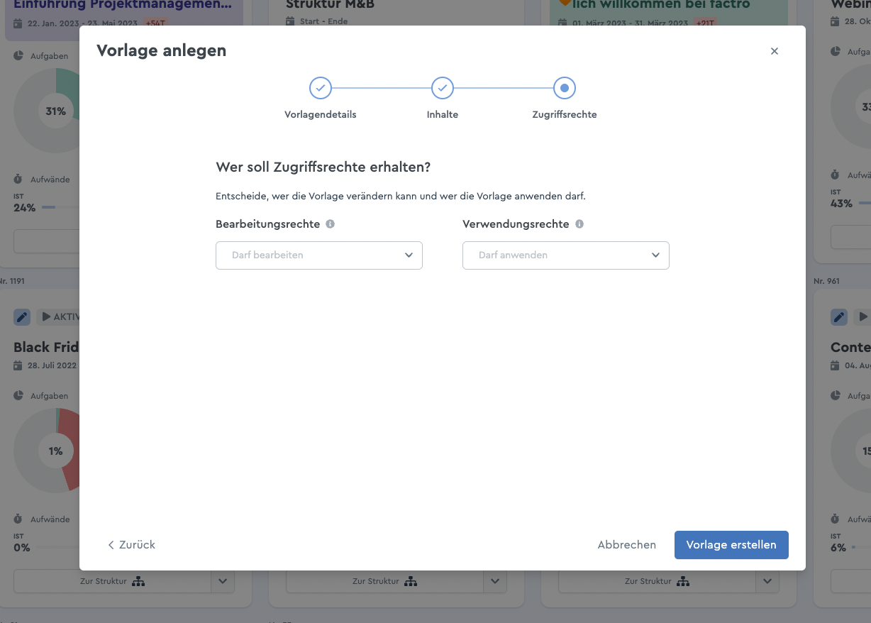 Zugriffsrechte werden für die Vorlage ausgewählt