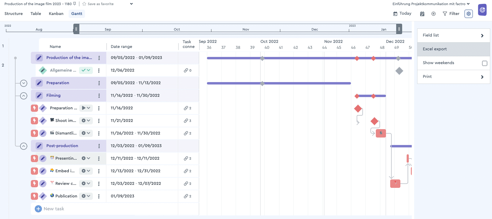 Export the Gantt chart in factro