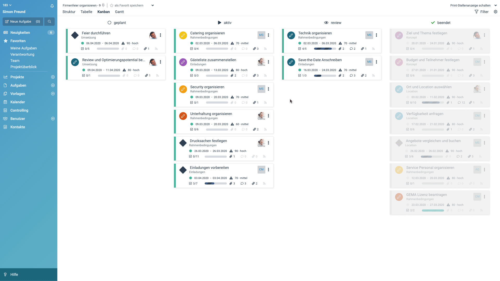 Ein Screenshot, der das projektbezogene Kanban Board in factro zeigt