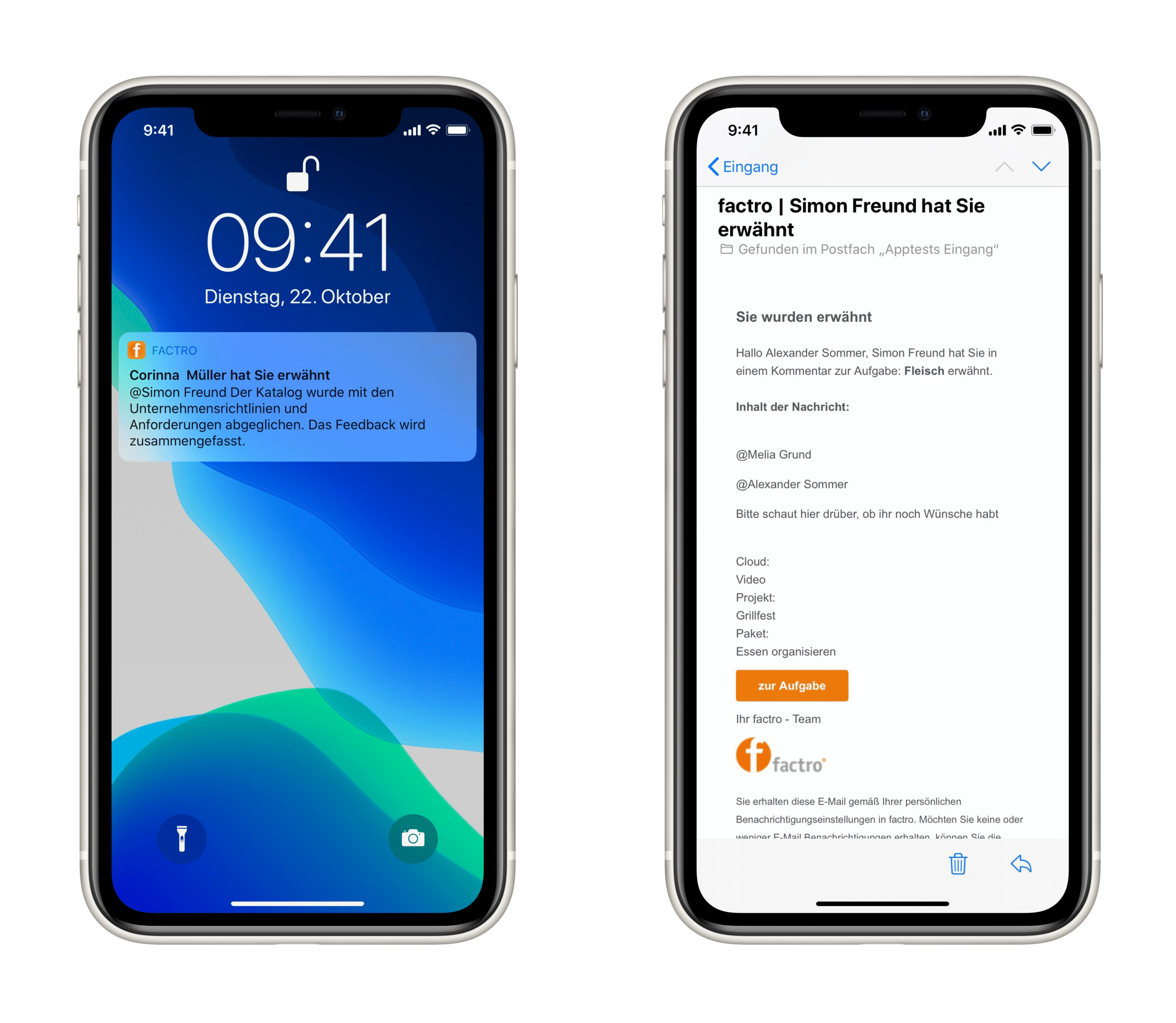 Two smartphones showing the push and email notifications of factro