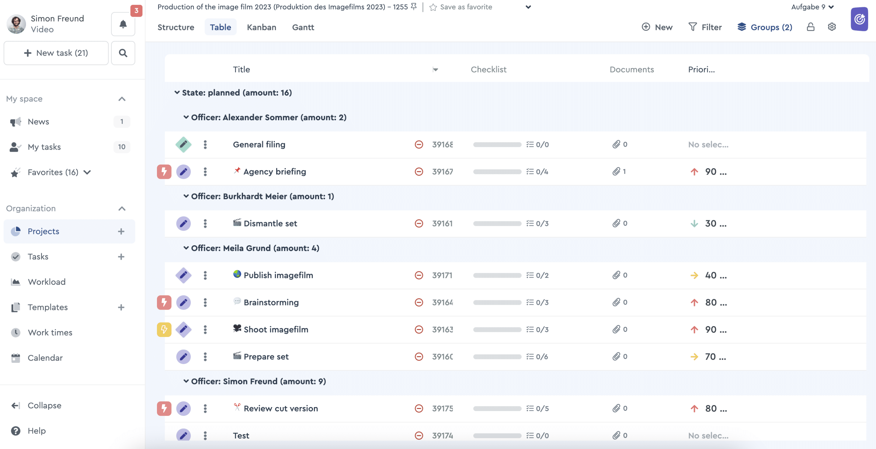 Table view of your projects
