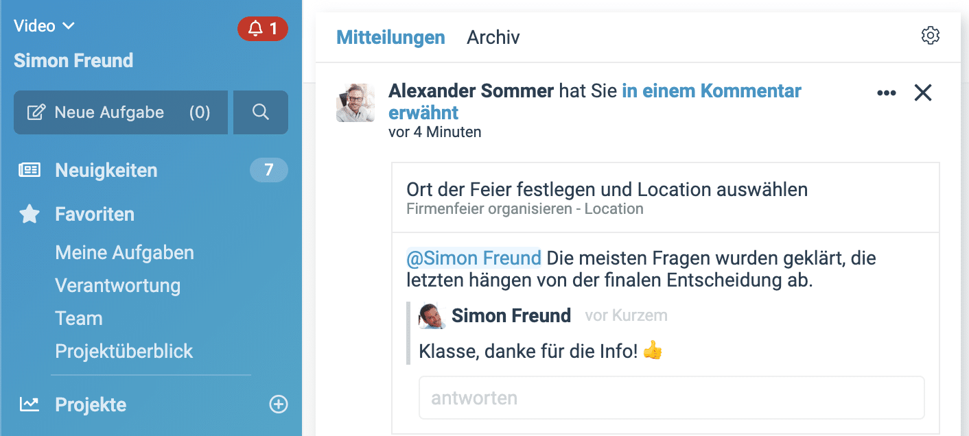Ein Screenshot der neuen factro Funktion "Alarmglocke"