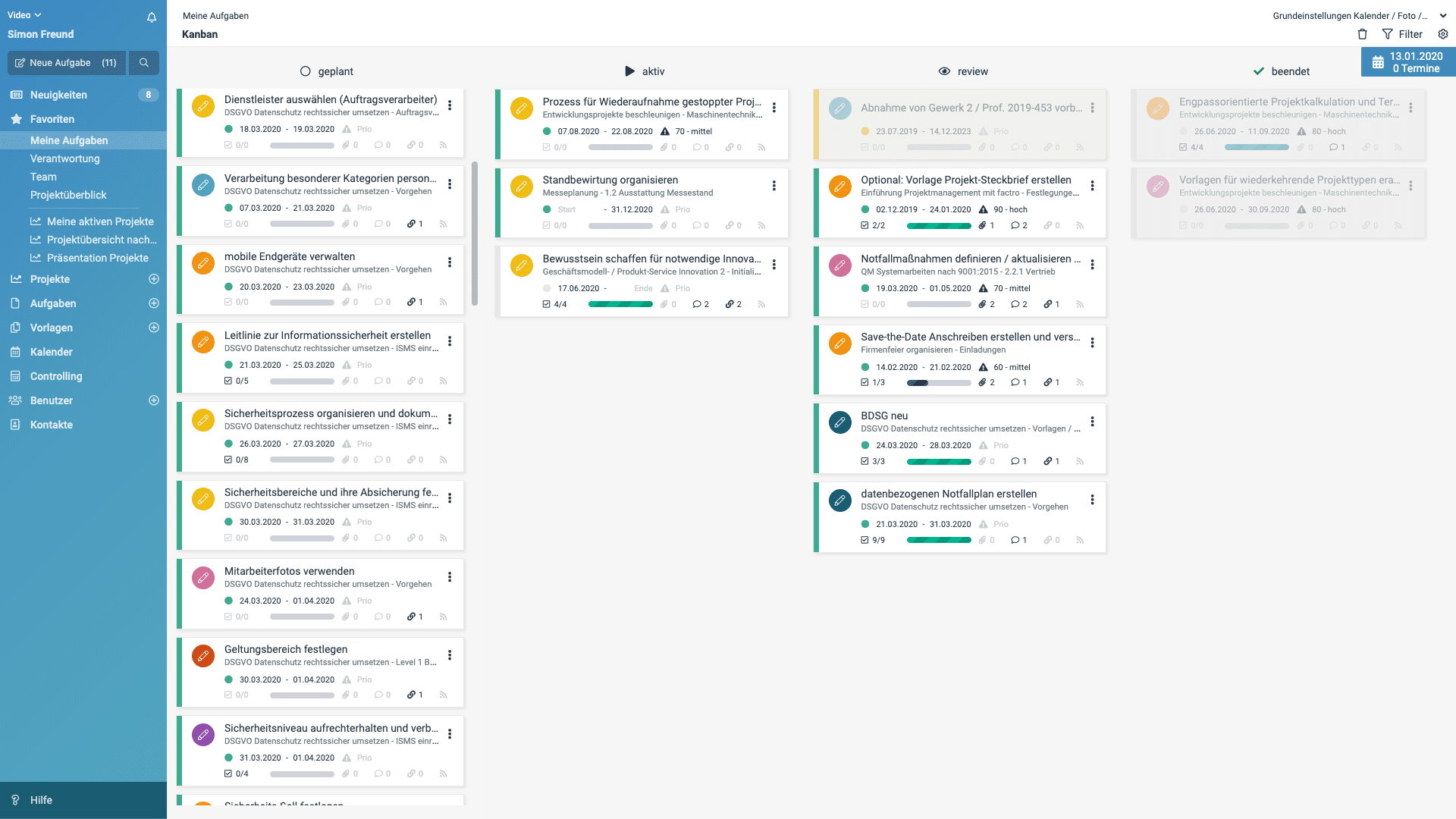 Ein Screenshot des Kanban Boards in factro