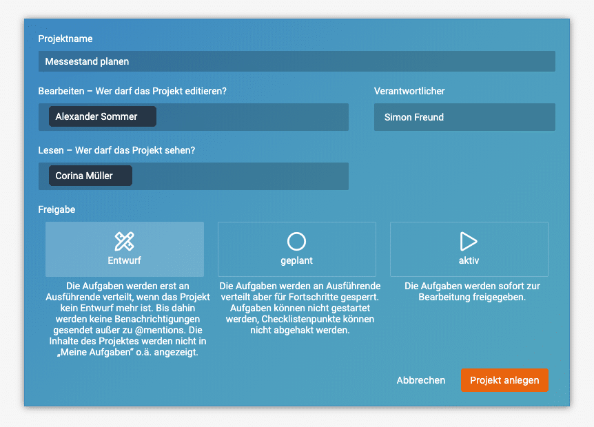 Ein Screenshot, der zeigt, wie ein neues Projekt in factro als Entwurf angelegt werden kann
