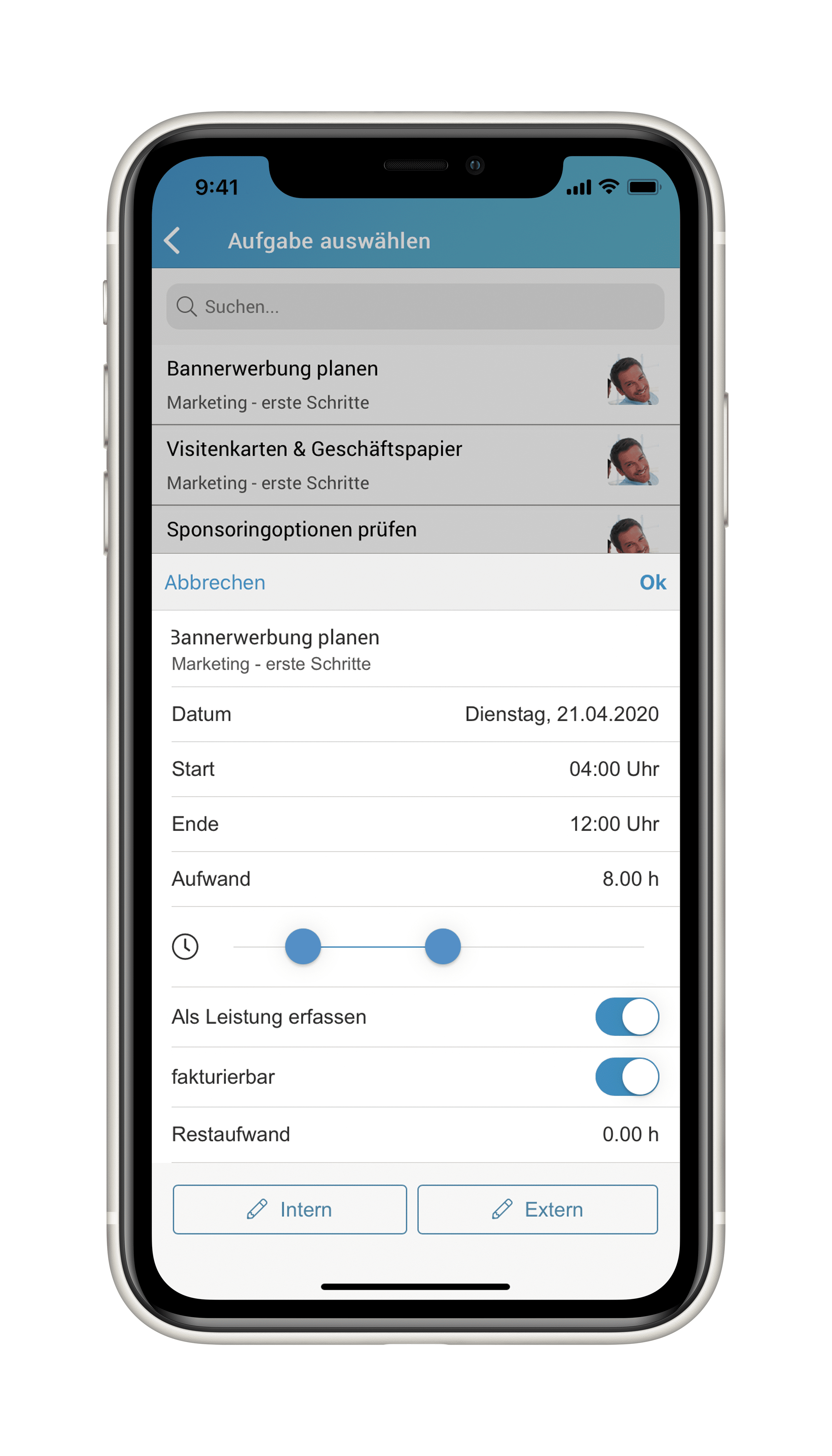Ein Screenshot der Leistungserfassung per factro Mobile App