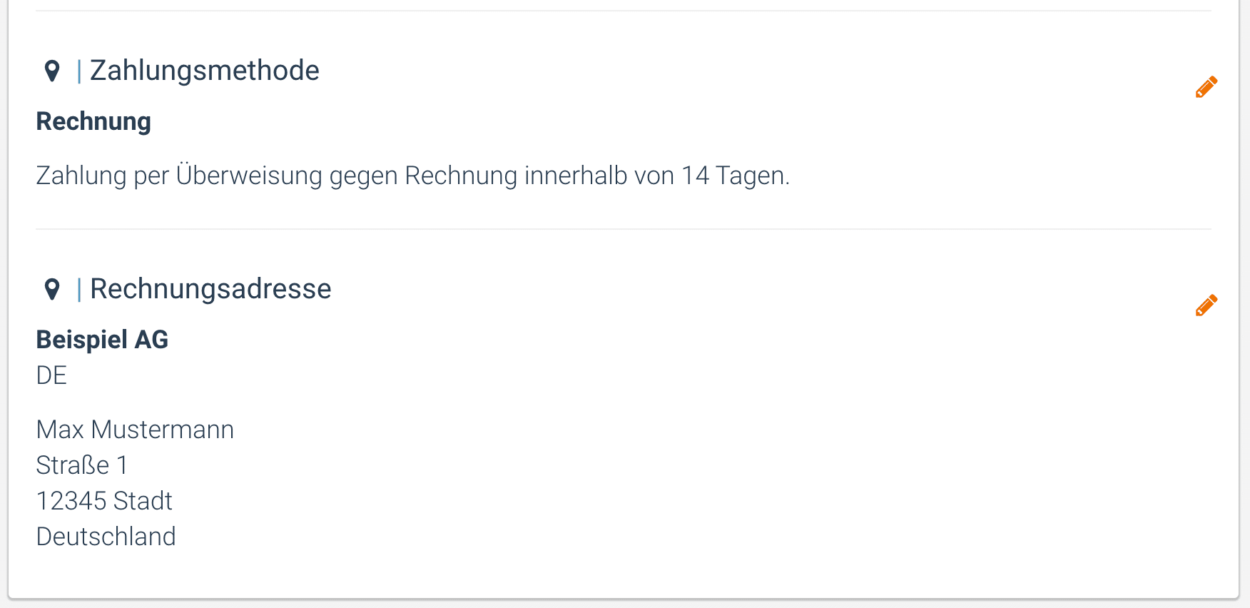 Ein Screenshot, der zeigt, wie die Zahlungsart und Rechnungsadresse
