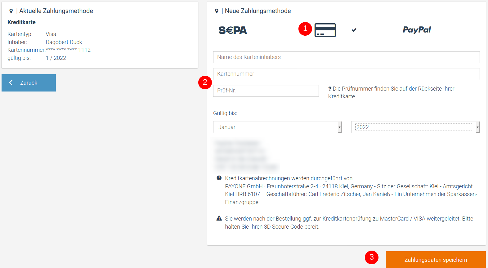 Ein Screenshot, der die Wahl eines neues Zahlungsmittels in factro zeigt.
