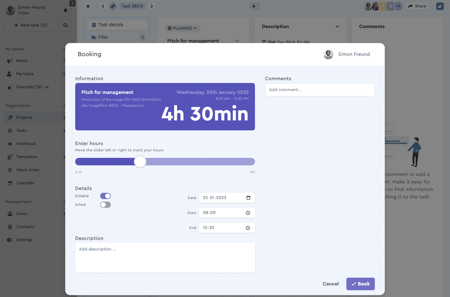 A screenshot of the time recording in factro