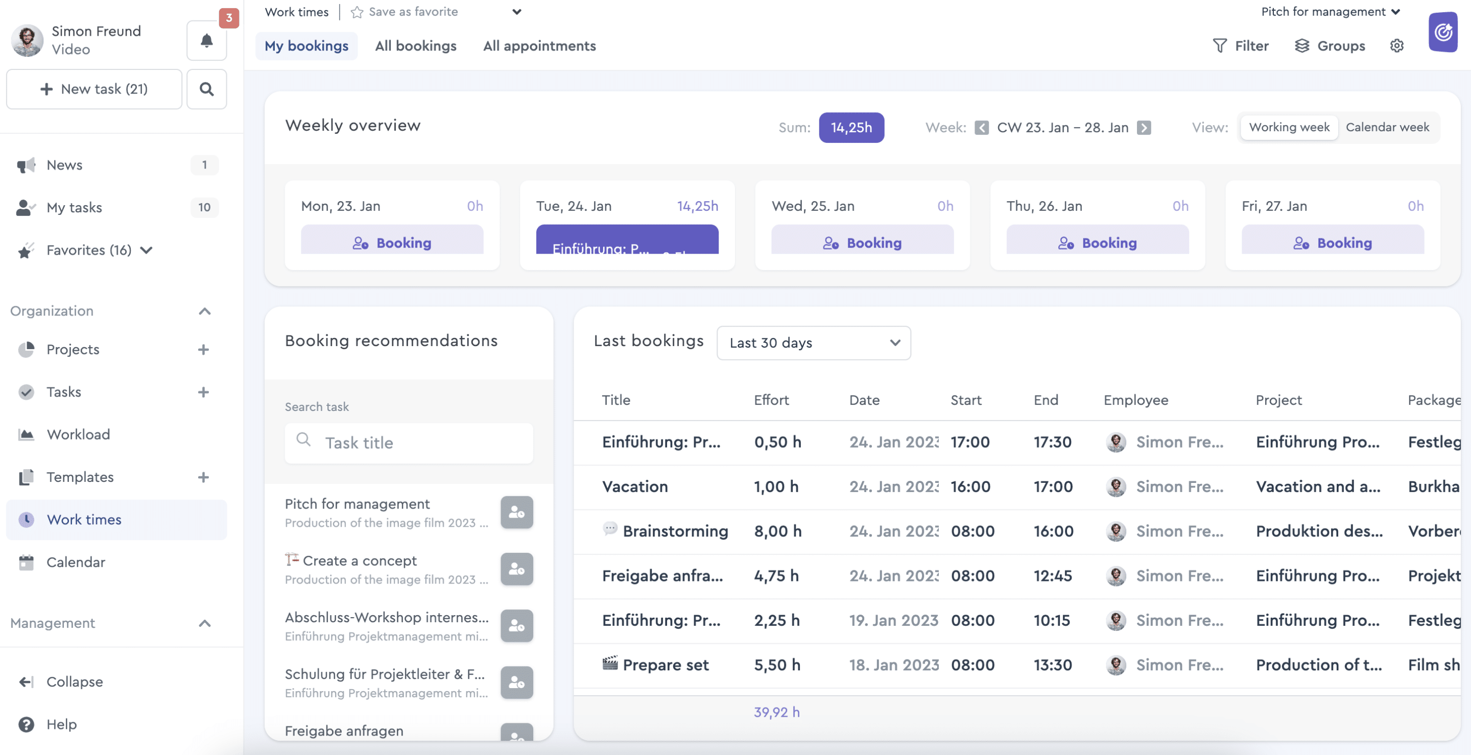 The central overview of time recording in factro