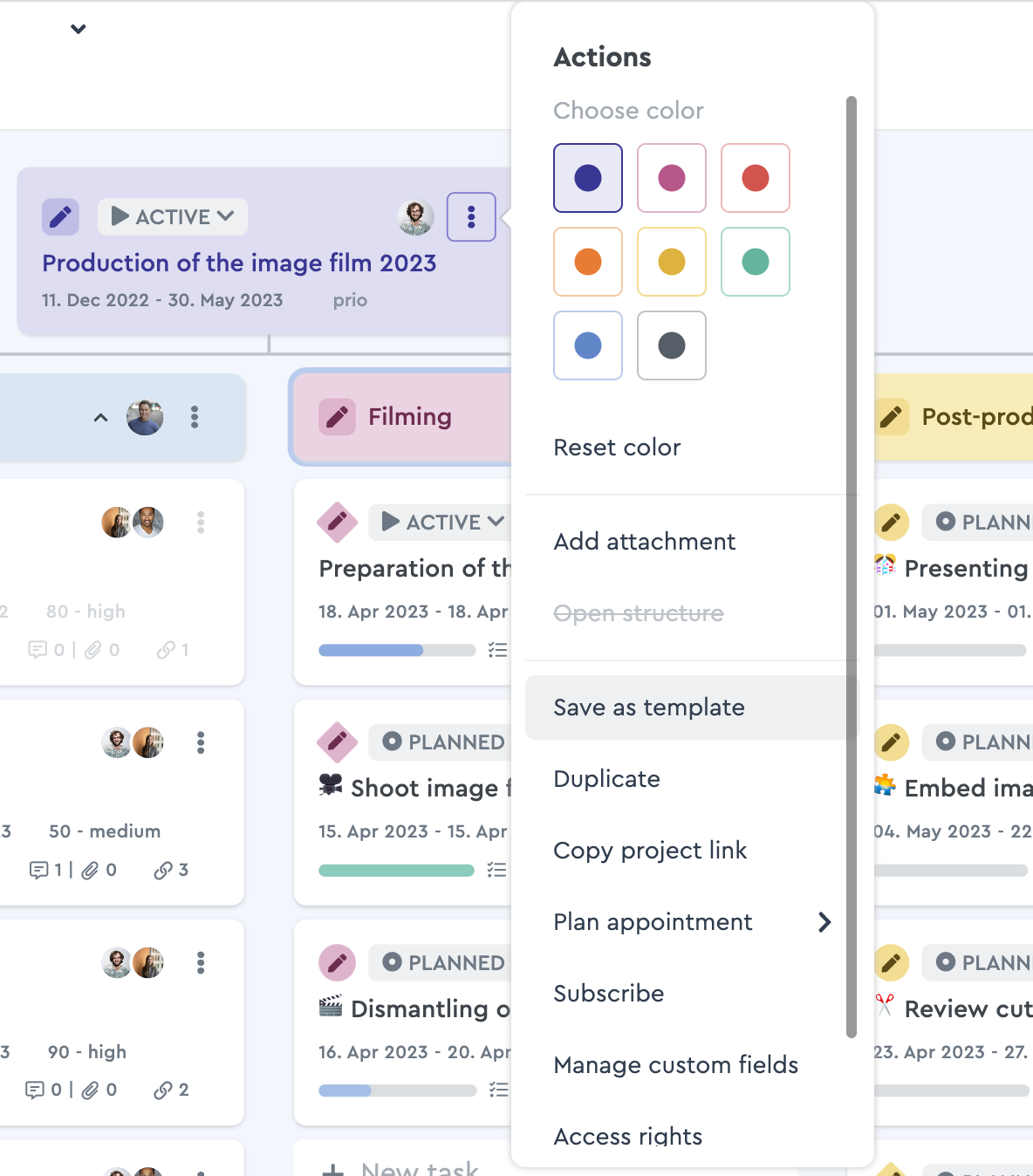 Via the quick menu you can save projects, packages and tasks as a template