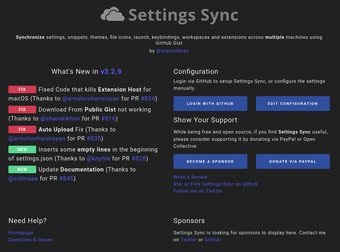 Ein Screenshot der Visual Studio Code Extension Settings Sync