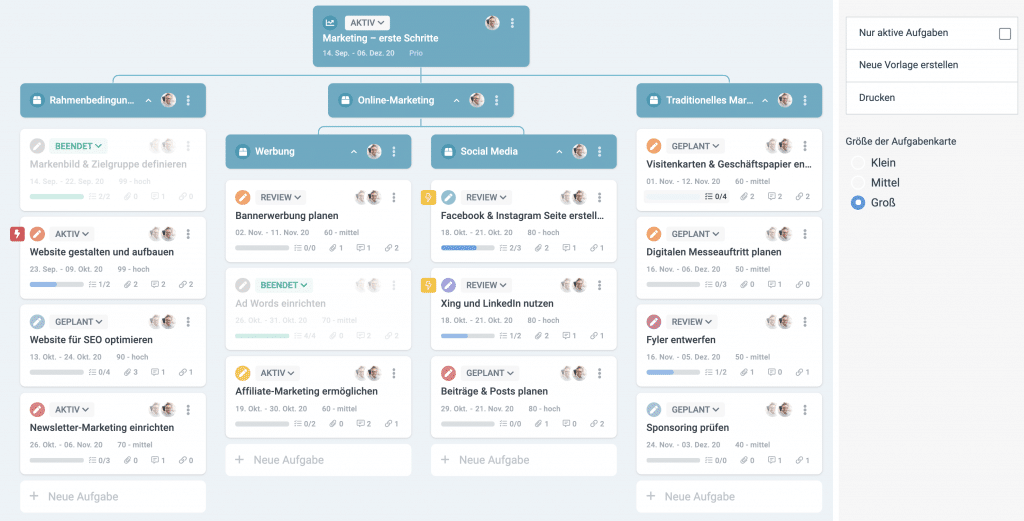 Ein Screenshot, der zeigt, wie man in factro die Größe der Aufgabenkarte ändert