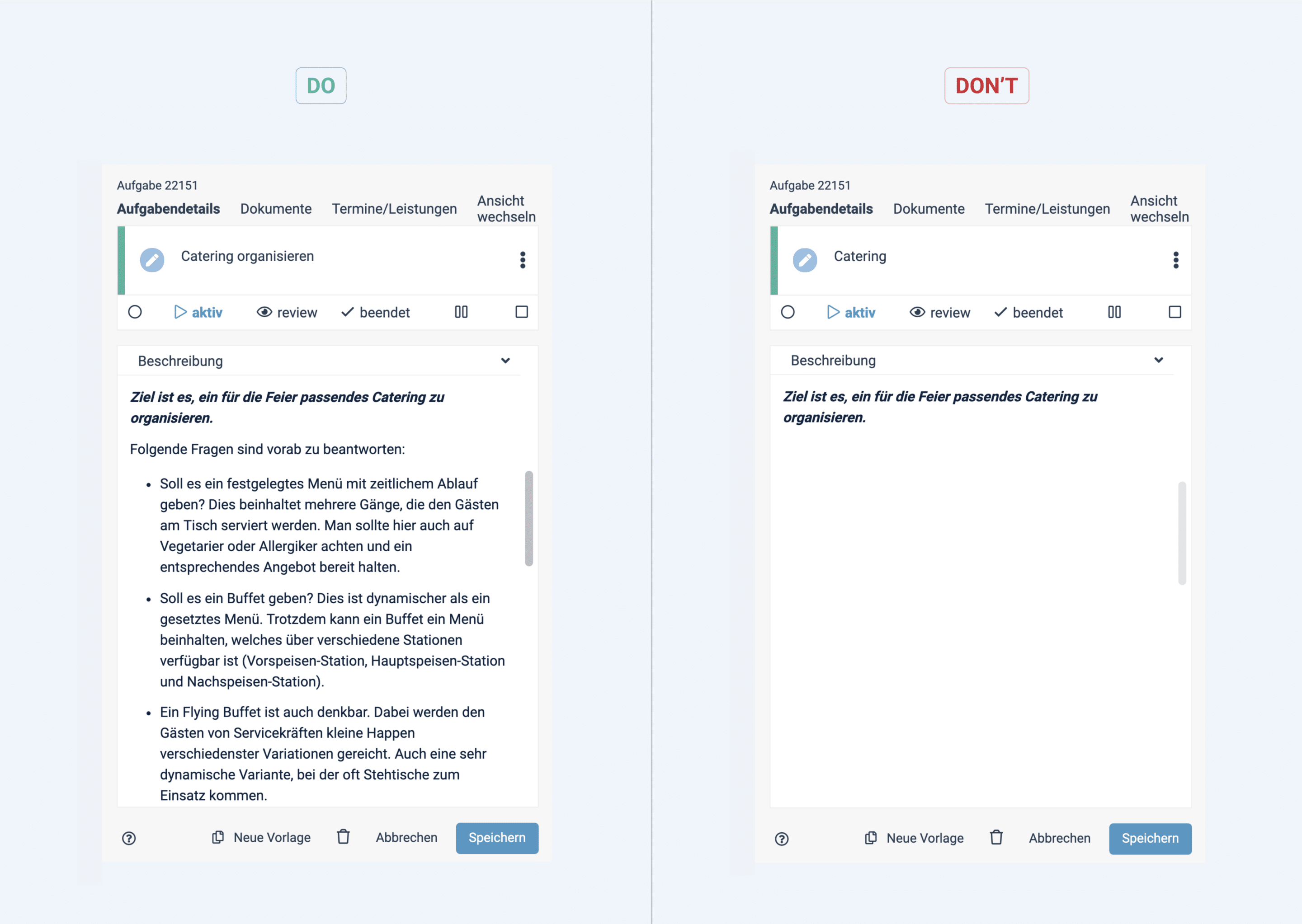 Ein gutes und schlechtes Beispiel für Aufgabenbeschreibungen in factro