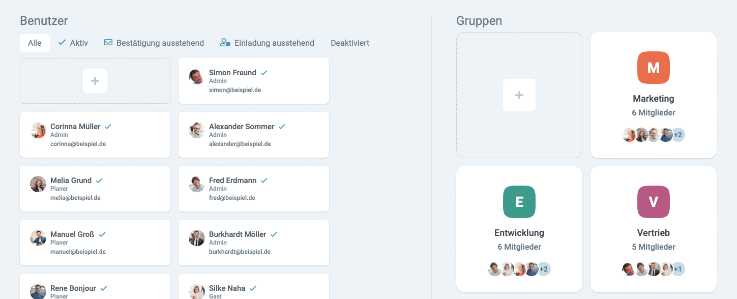 Ein Screenshot des factro Benutzerbereichs mit Nutzern und Teams
