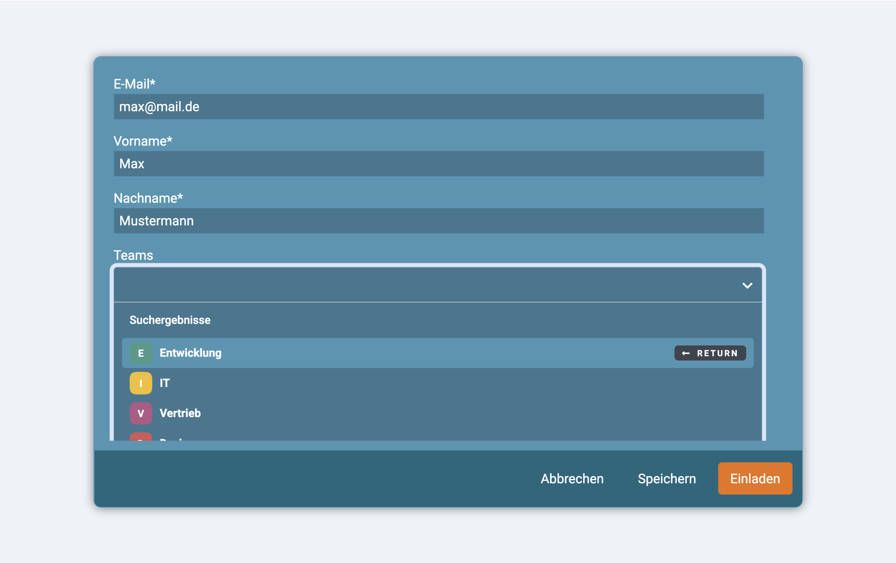 Ein Screenshot der Zuweisung neuer Nutzer in ein Team in factro