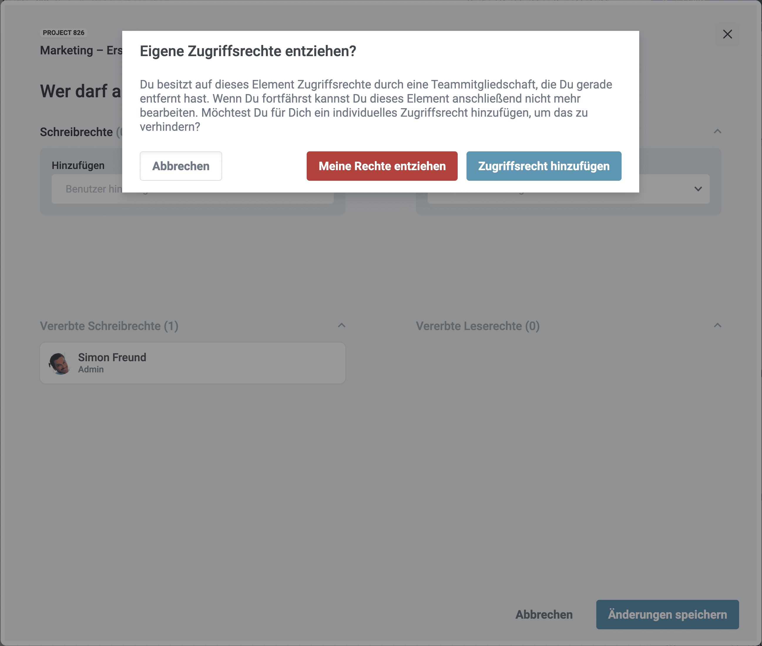Ein Screenshot der Abfrage bei selbst entzogenen Rechten in factro