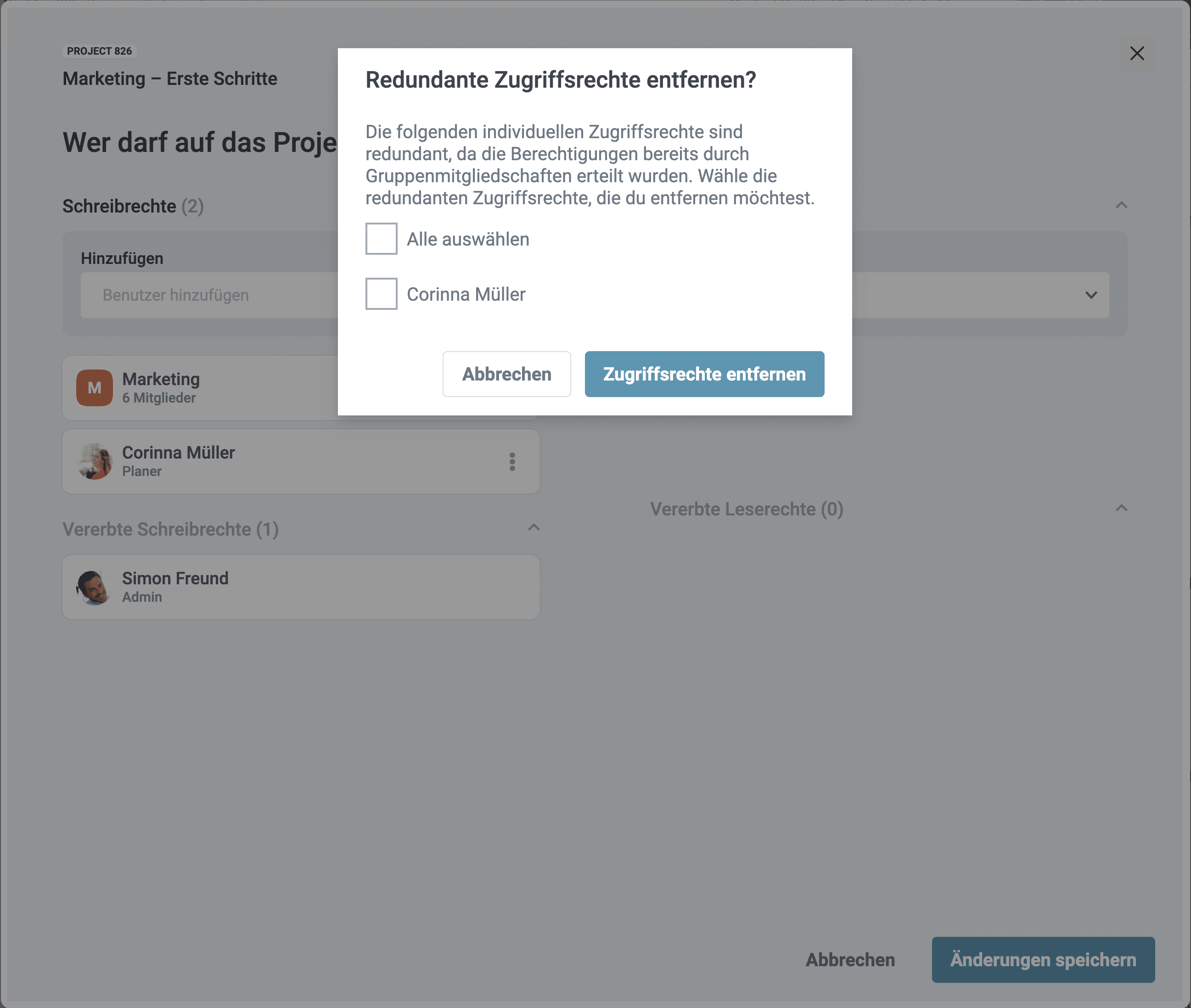Ein Screenshot der Abfrage bei redundant vergeben Rechten in factro