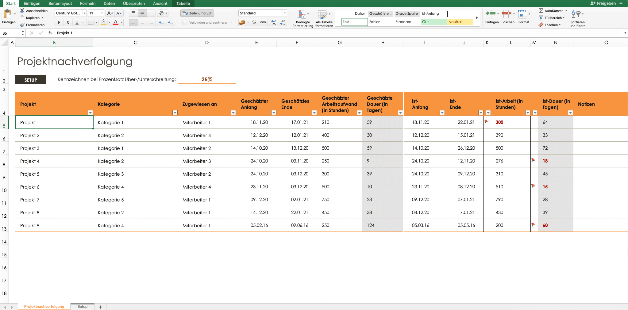 Ein Screenshot einer Excel-Vorlage zur Projektplanung mit vielen Spalten