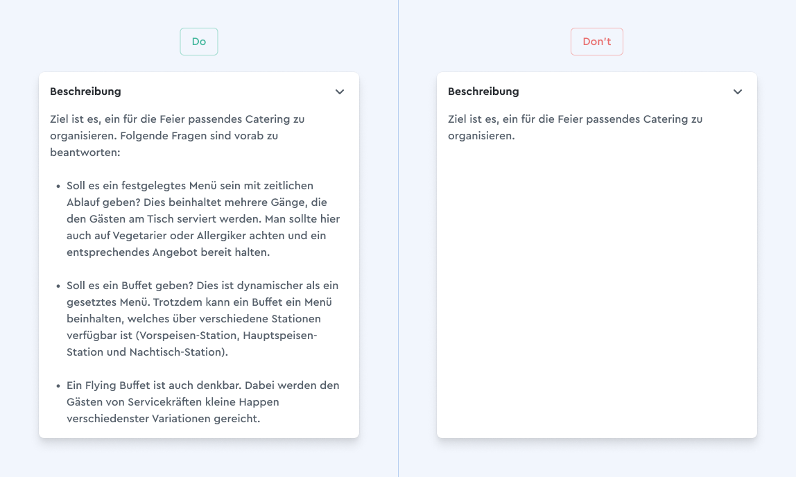 Die Aufgabenbeschreibung in factro, rechts zu kurz, links zielführend ausformuliert