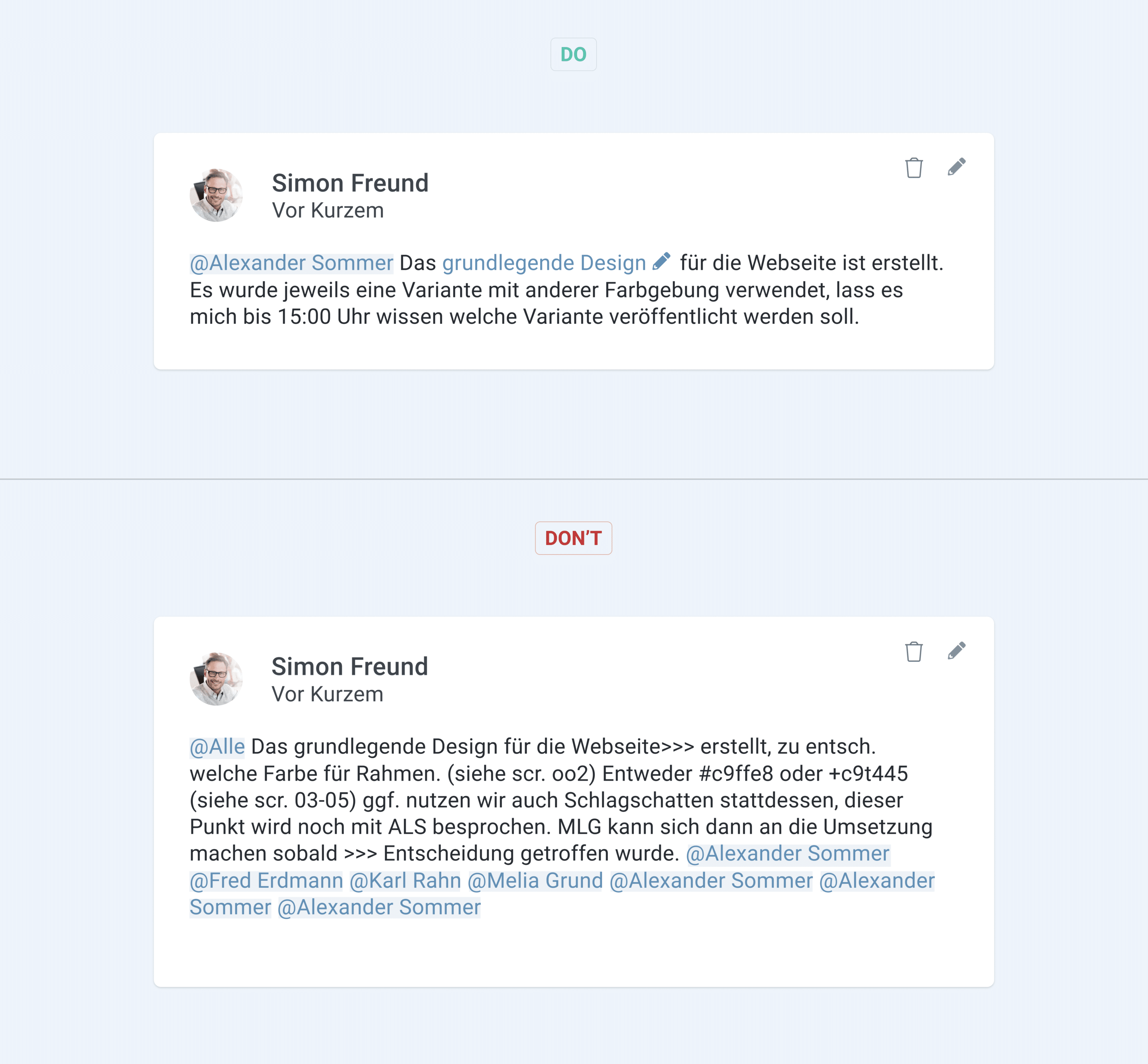Ein gutes und schlechtes Beispiel für die Nutzung von @mentions in factro