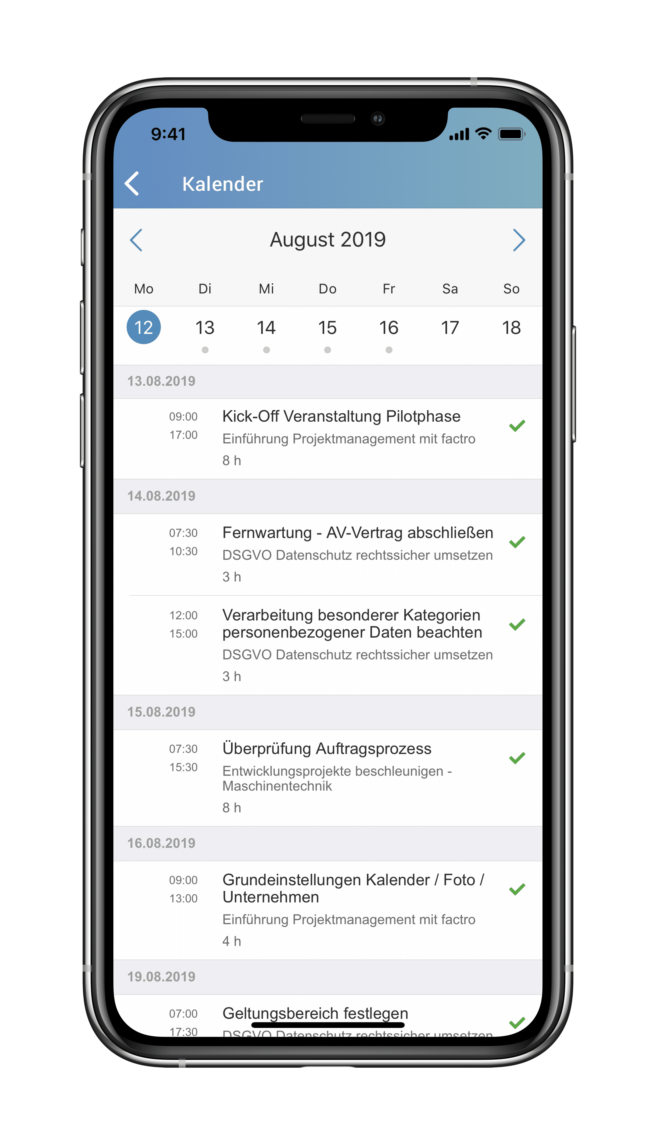 Ein Screenshot der factro mobile App mit dem Kalender