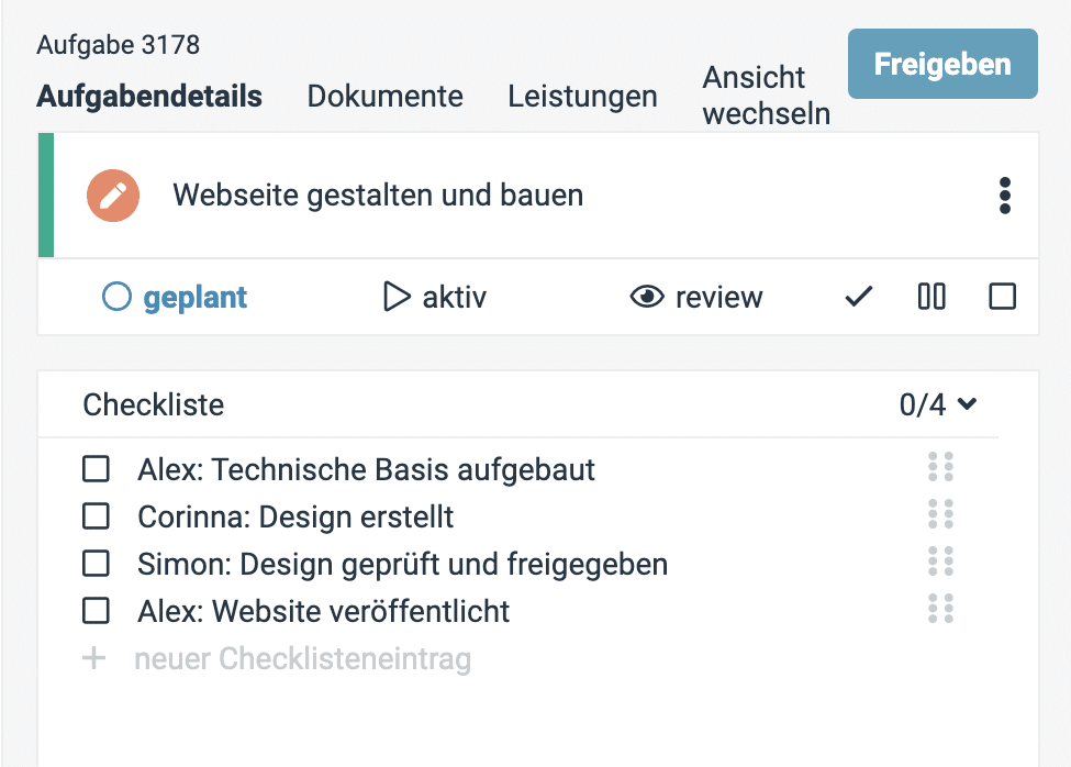 Ein Screenshot einer factro Aufgabe mit Checklistenpunkten
