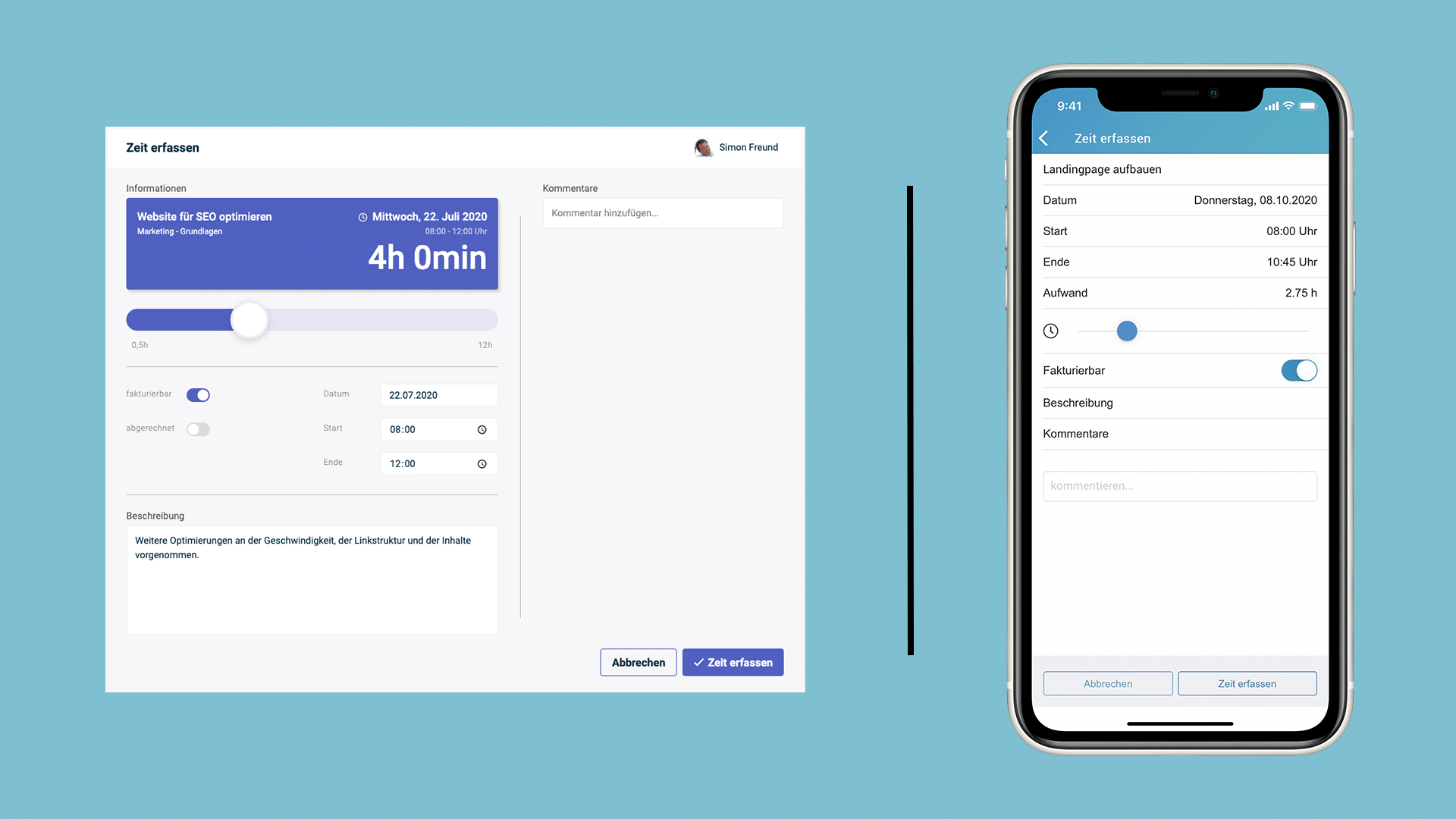 Eine Darstellung der factro Zeiterfassung mobil und im Browser