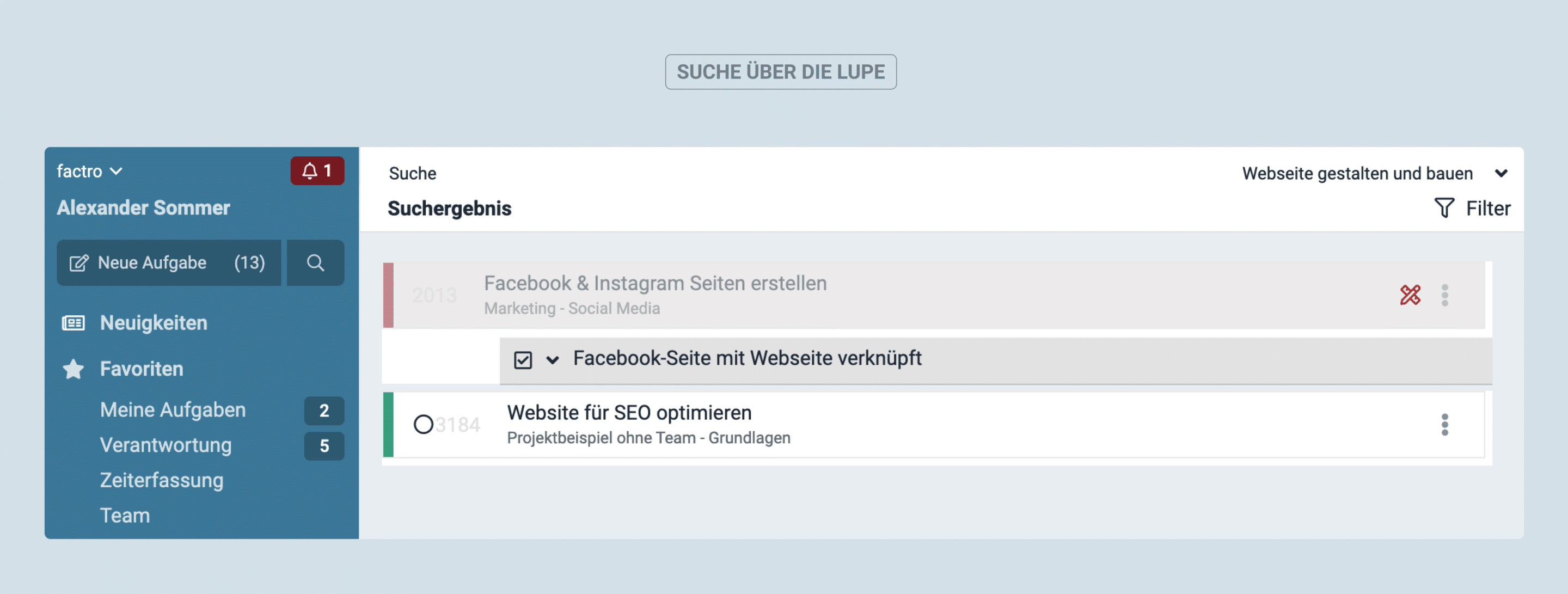 Ein Screenshot der factro Suche über die Lupe