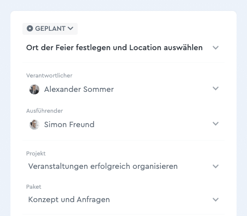 Ein Screenshot der factro Aufgabendetails mit Fokus auf Ausführung und Verantwortung