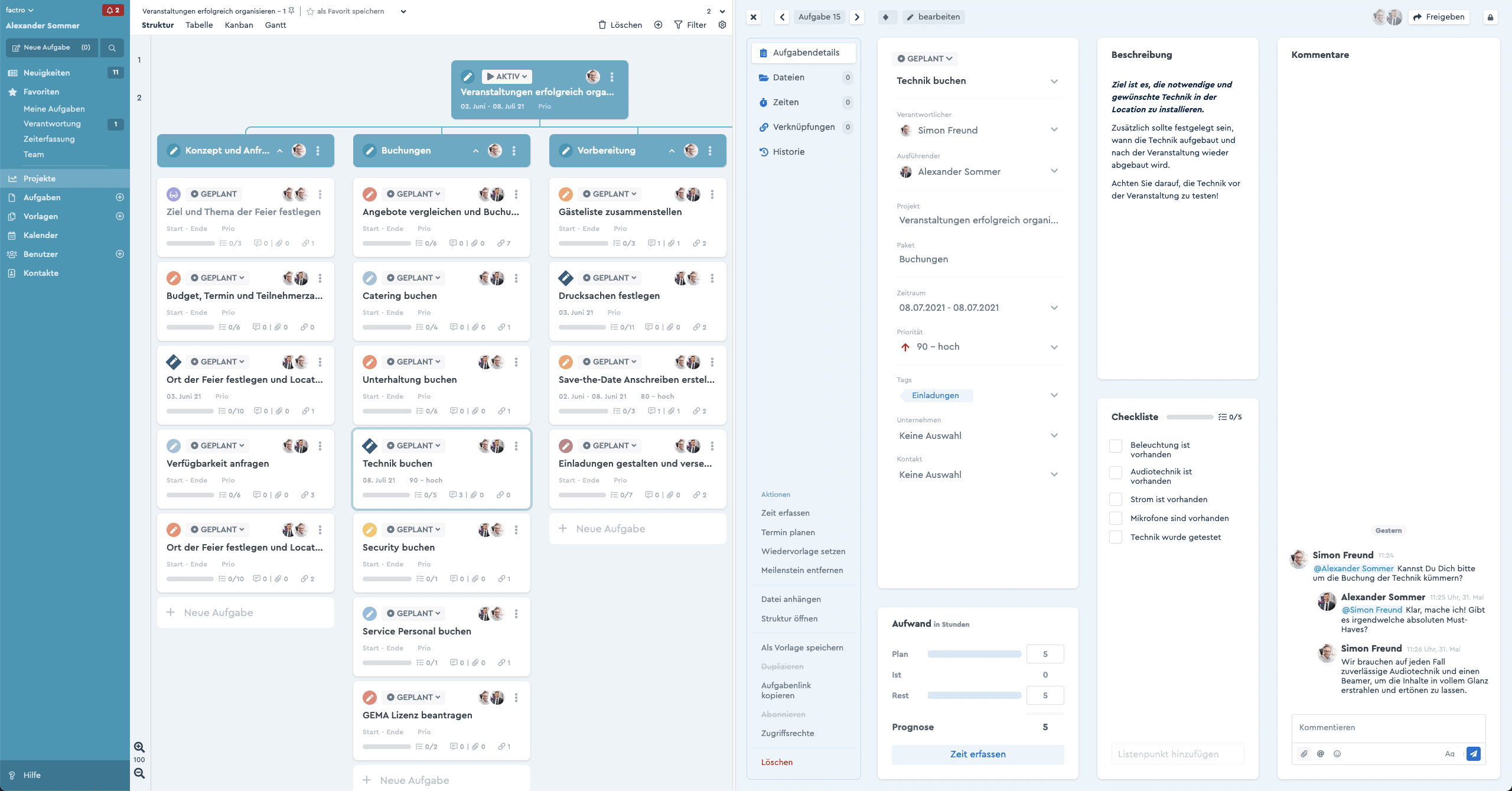 Ein Screenshot des factro Splitscreen mit Aufgabe und Projekt nebeneinander