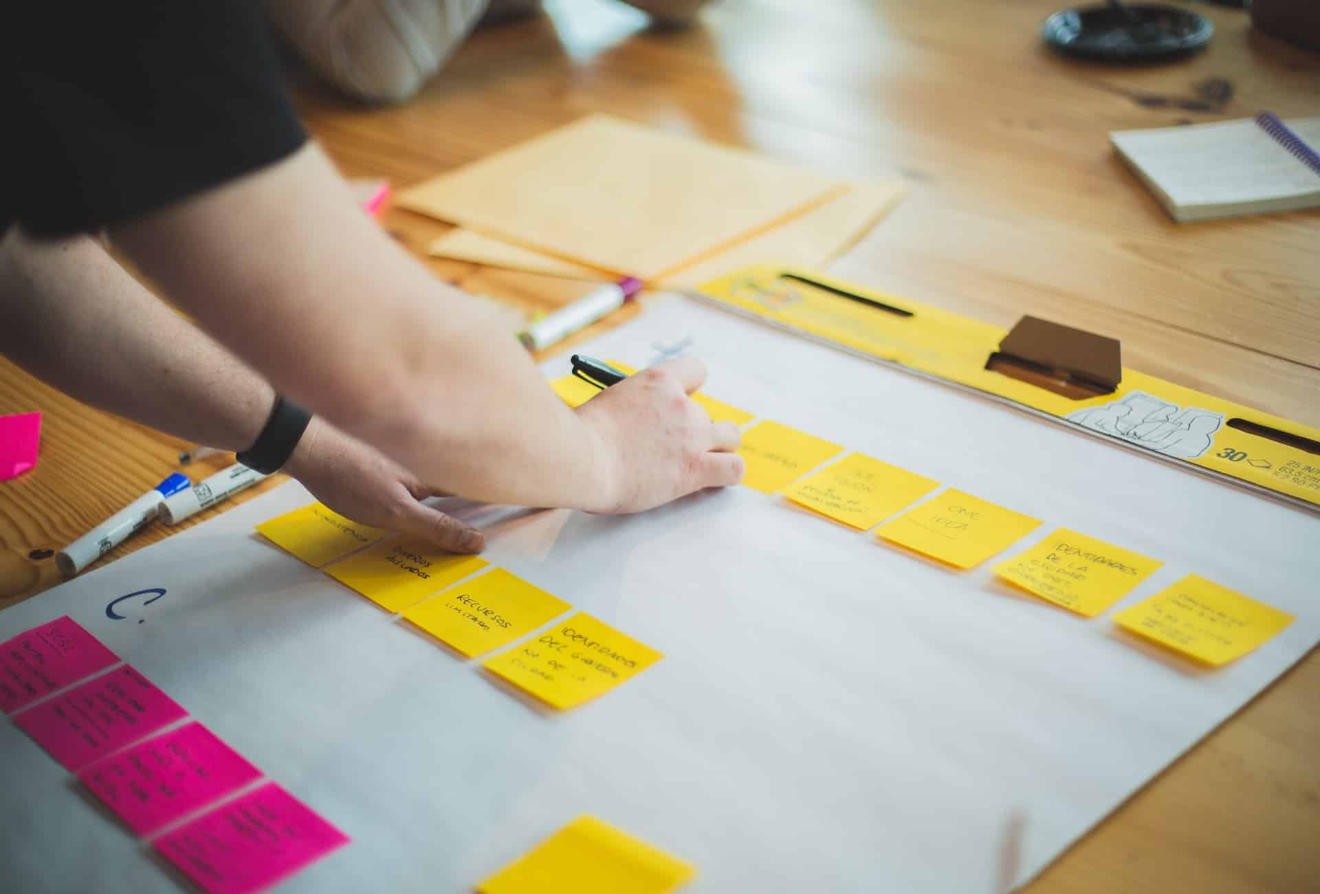 Eine Frau klebt Post-its auf einen Plan