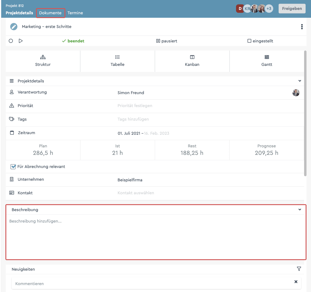 Die Projekt-Übersicht in factro einer Projektmanagement-Software
