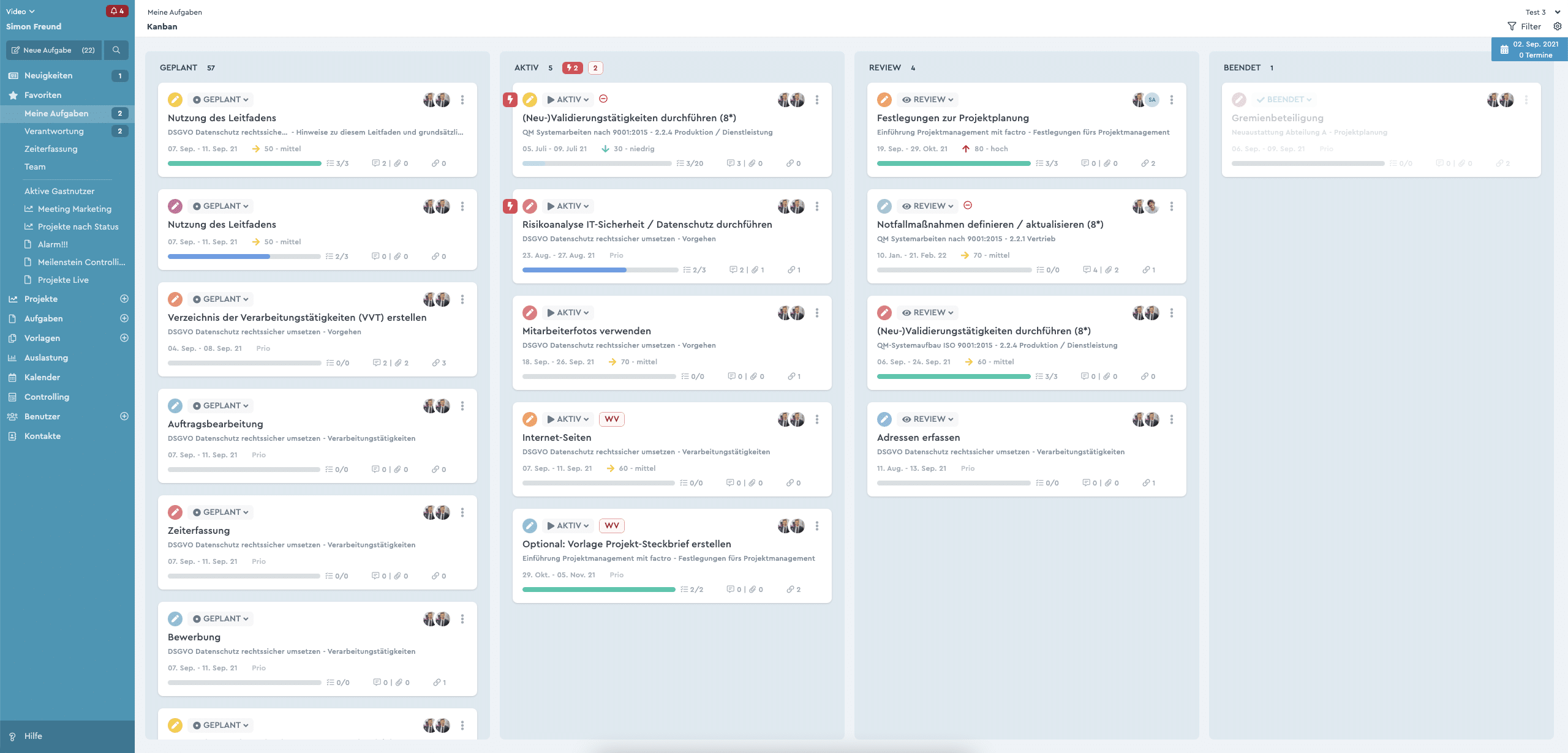 Ein Screenshot, der das Dashboard in factro zeigt
