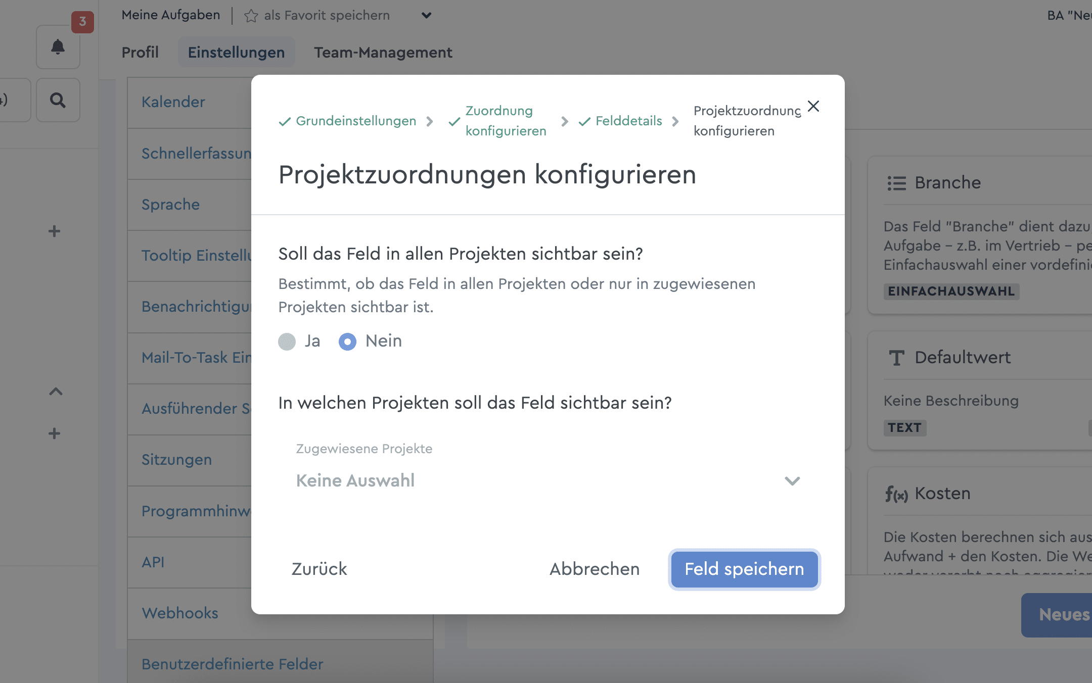 Ein Benutzerdefiniertes Feld im Erstellungsprozess