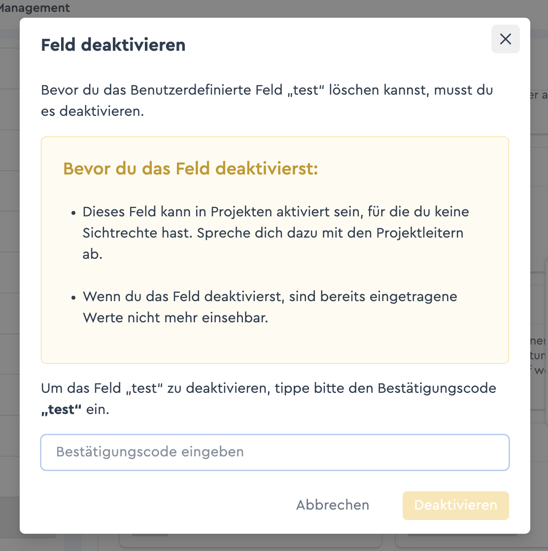 Löschung von Benutzerdefinierten Feldern